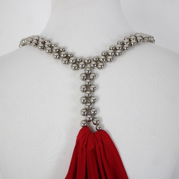 Cache Sz XS Red Silver Beads Racer Back Draped Polyester Spandex Dress - Picture 9 of 14